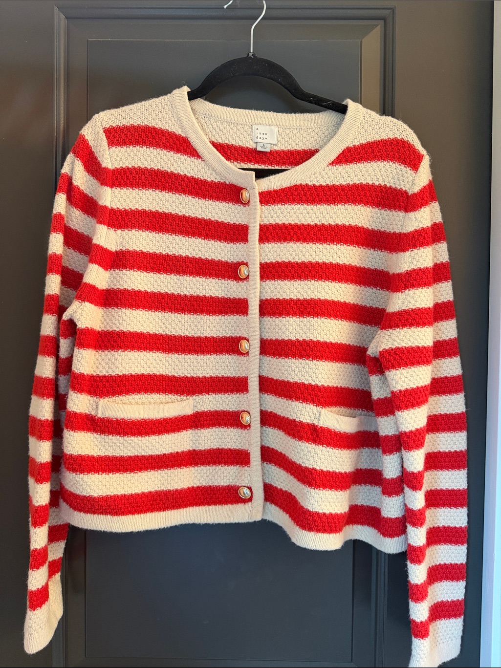 Striped Red And Cream Button-Up Women's Cropped Sweater Size L